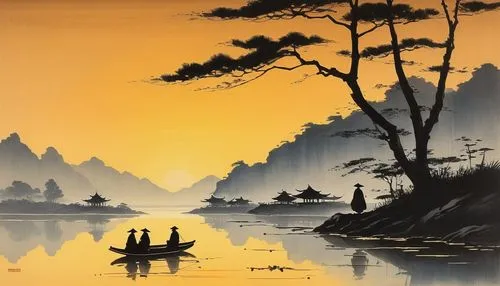 boat landscape,haicang,japan landscape,yiping,jianfeng,mekong,guizhou,oriental painting,river landscape,yanzhao,huangshan,wenzhao,sizhao,lianjiang,jianying,ukiyoe,yonghao,yangtze,haiping,jiangling,Illustration,Japanese style,Japanese Style 21