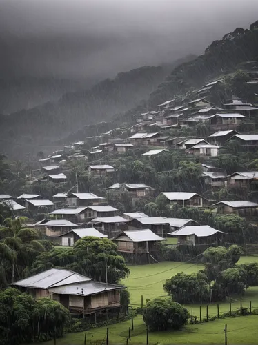 A gloomy village engulfed in heavy rainfall,human settlement,dominica,housing estate,eastern cape,rwanda,harau,mountain village,rainy season,reunion island,valdivian temperate rain forest,shimane peni