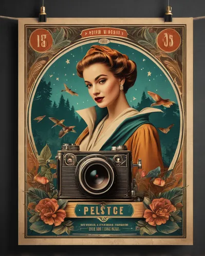 Craft vintage-inspired posters with retro illustrations, faded textures, and classic fonts. Design a nostalgic ambiance for a throwback and sentimental event.,lillian gish - female,camera illustration