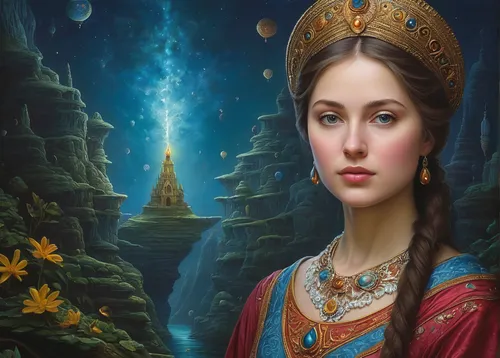 mystical portrait of a girl,miss circassian,fantasy art,priestess,fantasy picture,the prophet mary,fantasy portrait,celtic queen,diadem,thracian,athena,cybele,the enchantress,cleopatra,ancient egyptian girl,world digital painting,fantasy woman,lady of the night,sorceress,oriental princess,Illustration,Realistic Fantasy,Realistic Fantasy 18