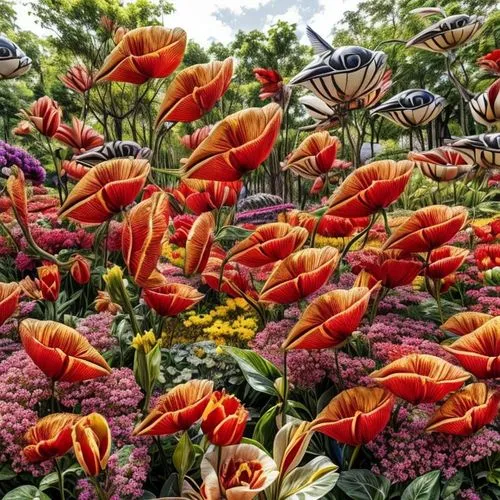 splendor of flowers,torch lilies,turk's cap lily,colorful flowers,orange red flowers,flower border,tropical flowers,ornamental flowers,red orange flowers,flower garden,trumpet flowers,crocosmia,flower art,ornamental plants,exotic plants,blanket of flowers,flower borders,flame lily,floral border,sea of flowers