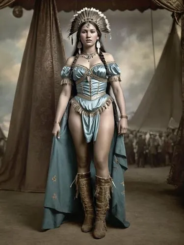 Great ultra-realistic photo of the chief's daughter Pocahontas seen from head to toe in an 1883 fairground show.,a female in a costume posing for a po,wonderwoman,warrior woman,ancient costume,hippoly