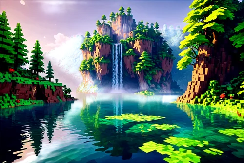 voxel,virtual landscape,lagoon,green waterfall,voxels,waterfall,lowpoly,3d fantasy,water scape,3d background,skylands,underwater oasis,oasis,cascade,futuristic landscape,waterfalls,low poly,cascada,3d render,water falls,Unique,Pixel,Pixel 03