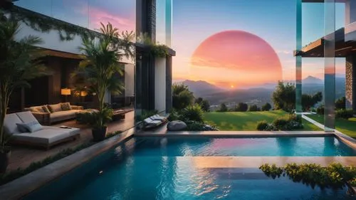 futuristic landscape,dreamhouse,pool house,home landscape,3d rendering,virtual landscape,luxury property,tropical house,roof landscape,paradisus,beautiful home,mirror house,world digital painting,sky apartment,landscaped,amanresorts,landscape background,penthouses,holiday villa,luxury home