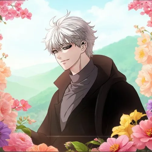 an anime guy standing in front of a picture with flowers on the floor,ranmaru,flower background,mitsuhide,japanese floral background,picking flowers,berwald