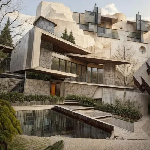 a stone house with some stairs leading to it,gehry,fallingwater,cubic house,habitat 67,modern architecture,seidler,Architecture,General,Modern,Natural Sustainability