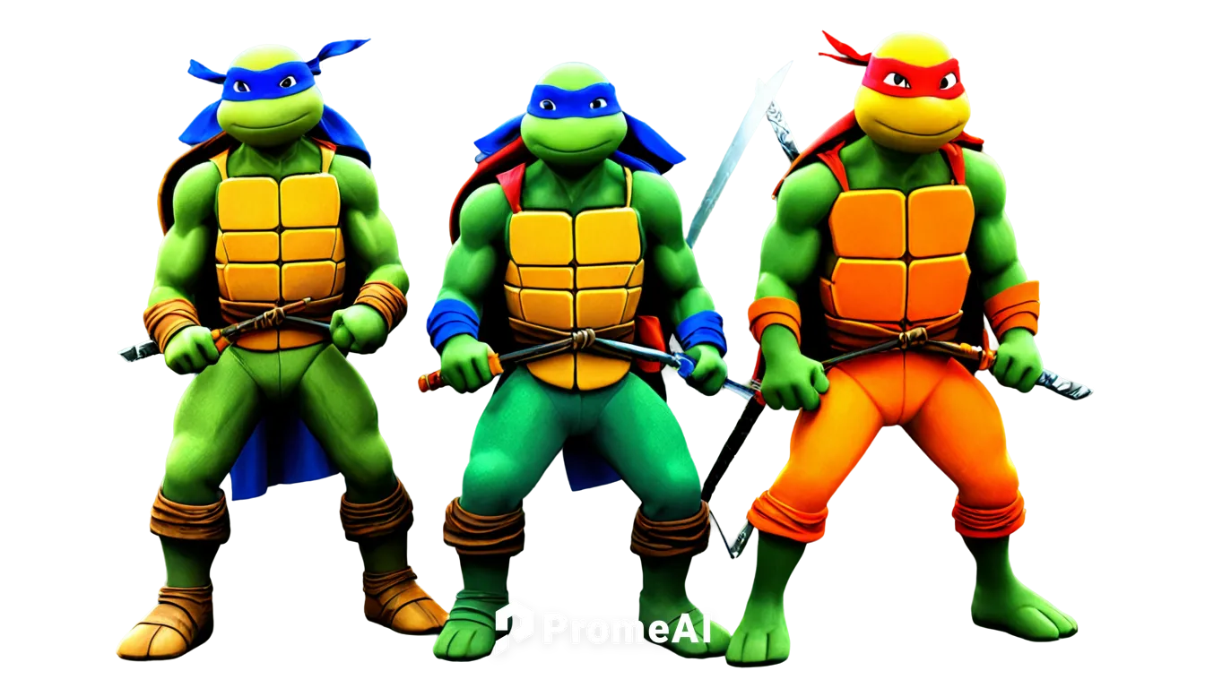 Teenage Mutant Ninja Turtles, four brothers, Leonardo, Donatello, Michelangelo, Raphael, green skin, red, orange, blue, purple masks, ninja costumes, holding swords, sai, nunchucks, bo staff, New York