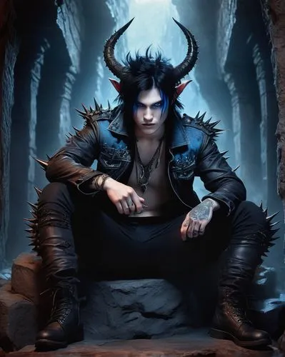 Friendly demon, red skin, horns, sharp teeth, bright blue eyes, spiky black hair, dark tattoos on arms, ripped denim jacket, black leather pants, heavy combat boots, sitting on a stone throne, eerie m