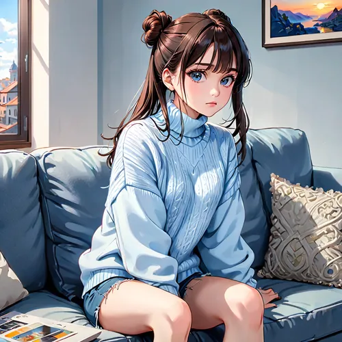 girl sitting,sitting,worried girl,girl studying,pajamas,sitting on a chair,honolulu,study,anime japanese clothing,relaxed young girl,long-sleeve,anime girl,honmei choco,girl portrait,blue room,mikuru asahina,portrait background,blue checkered,sweater,blue pillow,Anime,Anime,General