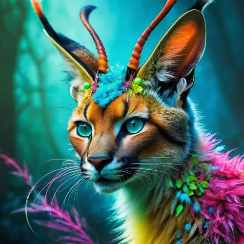 fantasy art,animal feline,faerie,capricorn kitz,faery,forest animal,fauna,wild cat,fantasy portrait,antasy,felidae,feline look,mythical creature,feline,tiger lily,fantasy picture,animals play dress-up,whimsical animals,shamanic,fairy peacock,Conceptual Art,Fantasy,Fantasy 05