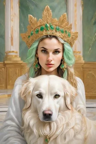 a portrait of a rich, golden retriever with a flowing headdress and piercing green eyes gazes out from the center of a grand marble room. The edges of the frame are crisp and clean, and the colors on 