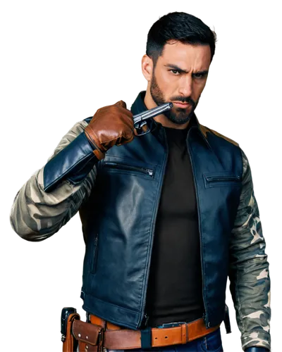 Close-up, muscular man, rugged facial features, intense gaze, dark hair, beard, camouflage clothing, holding shotgun, cocking mechanism, metallic texture, worn leather gloves, strong hand grip, dramat