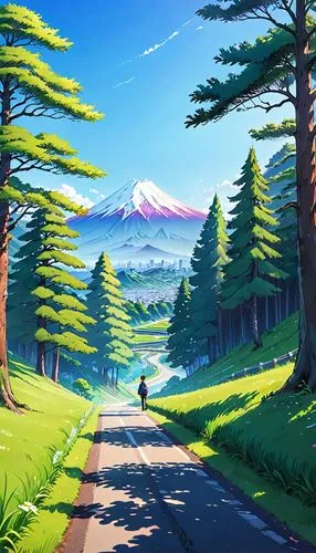 landscape background,cartoon video game background,mountain road,nature background,beautiful wallpaper,mountain scene,Anime,Anime,Traditional