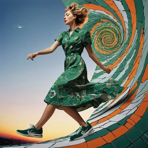 As the sun sets and the sky twinkles, a fierce-looking woman in a floral dress and a pair of sleek sneakers steps into a distorted perspective of a spiral. Her eyes sparkle with intensity, and her eye