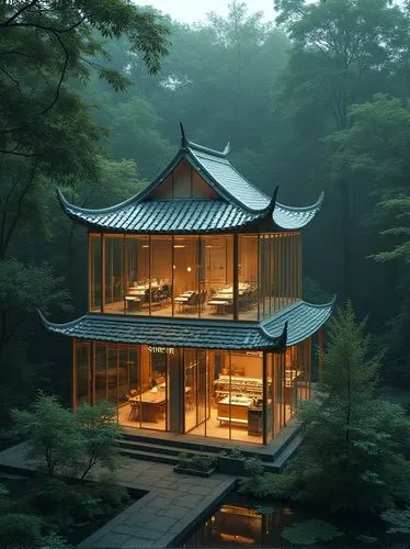 A glass oriental building with pavilions, Chinese style cornices, fashion brand POP-UP SHOP, transparent medium, the interior of the building glows, located in a green dense forest,high details, monot