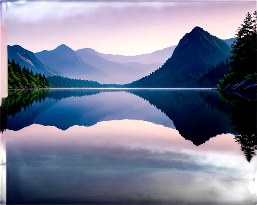 Serene lake, calm water, misty morning, distant mountains, lush green trees, rocky shores, gentle ripples, reflection of sky, soft warm light, panoramic view, 16,hintersee,morskie oko,mountain lake,mo