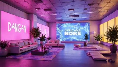 Vibrant digital art studio, futuristic interior design, neon-lit walls, metallic accents, glowing LED lights, sleek modern furniture, abstract geometric patterns, bold typography, pastel color scheme,