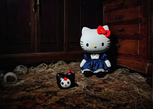 Creepy Hello Kitty, gothic atmosphere, haunted mansion, dimly lit, old cobwebs, broken furniture, eerie silence, abandoned room, Hello Kitty plush toy, worn out, torn ears, bloodshot eyes, creepy smil