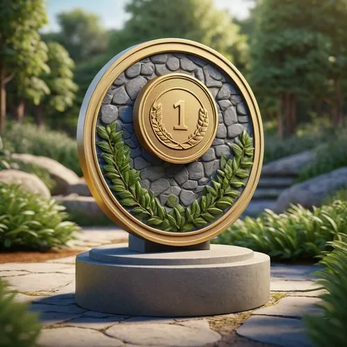 Golden medal, 3D modeled, detailed texture, reflective surface, landscape architecture merit badge, surrounded by lush greenery, natural stone pedestal, outdoor scenery, sunny day, soft shadows, warm 