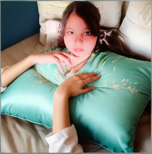 a girl laying in bed on a blue pillow,blue pillow,pillowcase,pillowcases,girl in bed,pillow,bedsheet