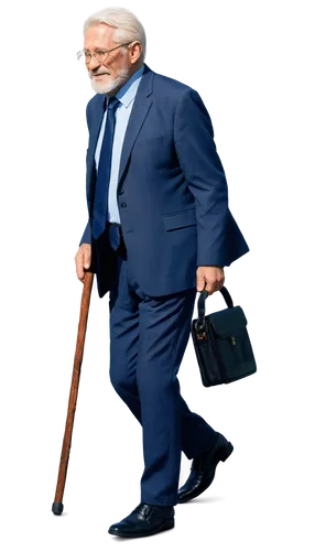 Old man, senior citizen, solo, (70yo), wrinkles, white hair, thick beard, glasses, suit, tie, leather shoes, walking stick, gentle smile, warm eyes, soft lighting, 3/4 composition, shallow depth of fi