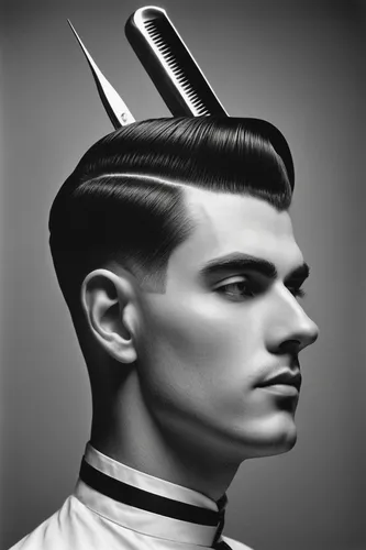 pompadour,mohawk hairstyle,the long-hair cutter,pomade,barber,unicorn head,hair iron,streampunk,bicycle helmet,rockabilly style,barber chair,pigeon head,hairstyler,rockabilly,headpiece,hairdressing,management of hair loss,knife head,caesar cut,unicorn crown,Photography,Black and white photography,Black and White Photography 09