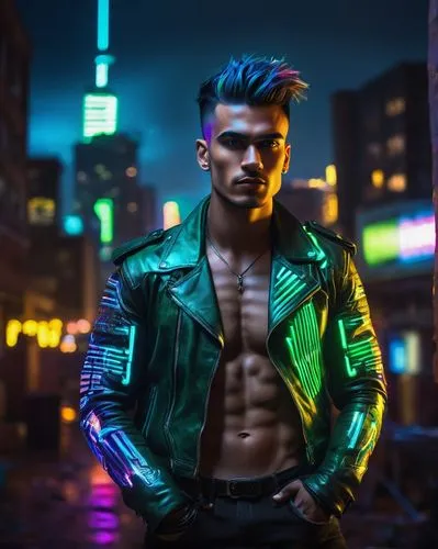 male model,cyberpunk,neon body painting,pompadour,electro,neon lights,leather jacket,bolero jacket,pakistani boy,mohawk,neon light,muscle icon,green jacket,wolverine,leather,neon,male character,abs,terminator,latino,Art,Artistic Painting,Artistic Painting 31