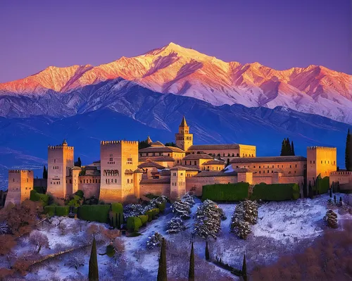 The Alhambra Palace, UNESCO World Heritage Site, with the snow covered Sierra Nevada mountains in the background, Granada, Andalucia, Spain, Europe,alhambra,trento,atlas mountains,south tyrol,lombardy