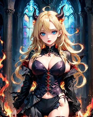 A retro image.
full body image.
demon woman sexy, sensual, seductive at night. standing in a dark gothic cathedral. there are flames coming out of her eyes and palms.
a slender, Beautiful, tall, long 