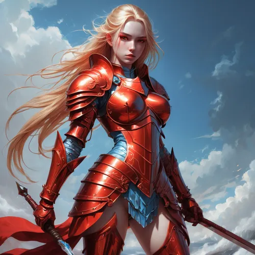 female warrior,warrior woman,red,fantasy woman,swordswoman,fantasy warrior,captain marvel,red super hero,red saber,heroic fantasy,red tunic,armor,knight armor,strong woman,wind warrior,joan of arc,asuka langley soryu,armour,armored,red skin,Conceptual Art,Fantasy,Fantasy 01