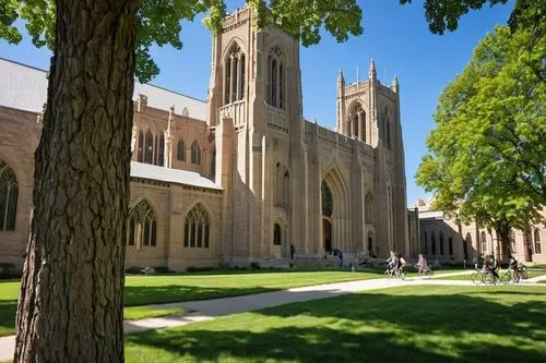 University of Nebraska-Lincoln campus, modern architecture, Collegiate Gothic style, grand entrance, stone walls, tall columns, arches, stunning stained-glass windows, intricate carvings, beautiful la