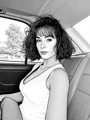 woman in the car,tura satana,girl in car,vassey,joan collins-hollywood,comic halftone woman,Design Sketch,Design Sketch,Black and white Comic