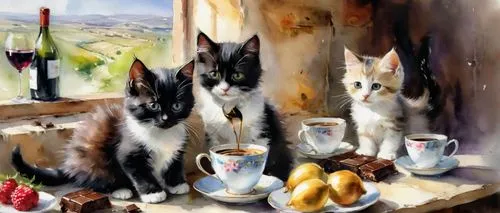 cat's cafe,tea party cat,cattles,vintage cats,cat family,cat supply,cat coffee,cat drinking tea,cats,cat lovers,felines,oktoberfest cats,cats playing,domestic cat,carol colman,oil painting,watercolor cafe,teatime,cat european,breakfast table,Illustration,Paper based,Paper Based 11