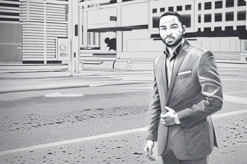 city ​​portrait,digital compositing,image manipulation,a black man on a suit,photomanipulation,photo manipulation,black businessman,a pedestrian,overcoat,pedestrian,businessman,white-collar worker,photoshop manipulation,walking man,man with umbrella,advertising figure,african businessman,capital cities,concierge,grayscale,Design Sketch,Design Sketch,Character Sketch