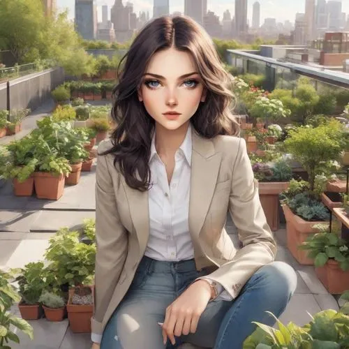 a painting of a young woman sitting in a potted planter on the roof,tropico,andreasberg,mideksa,alita,veronica,samara