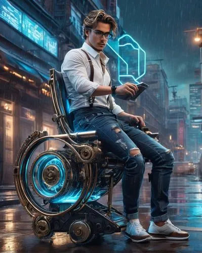 new concept arms chair,bleszinski,cyberpunk,mechanic,electric scooter,man with a computer,man on a bench,engineer,markus,shoeshine boy,man holding gun and light,car mechanic,barbers chair,sci fiction illustration,mechanician,technologist,laundryman,game illustration,watchmaker,shoeshiner,Conceptual Art,Fantasy,Fantasy 25