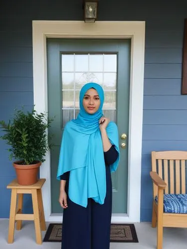 a person is standing outside with a blue scarf over their head,kurung,raya,lebaran,hijaber,hijabs,muslim woman