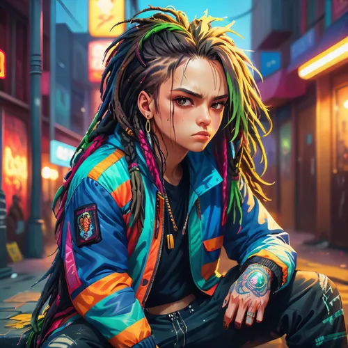 cyberpunk,world digital painting,noodle image,punk,portrait background,cyber,dread,colorful background,renegade,dreadlocks,city ​​portrait,80s,digital painting,cg artwork,game illustration,art backgro