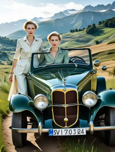 German politician Alice Weidel dominates the action. She drives through a green Swiss meadow landscape with her pretty female partner in a valuable vintage car whose dark green paintwork reflects the 