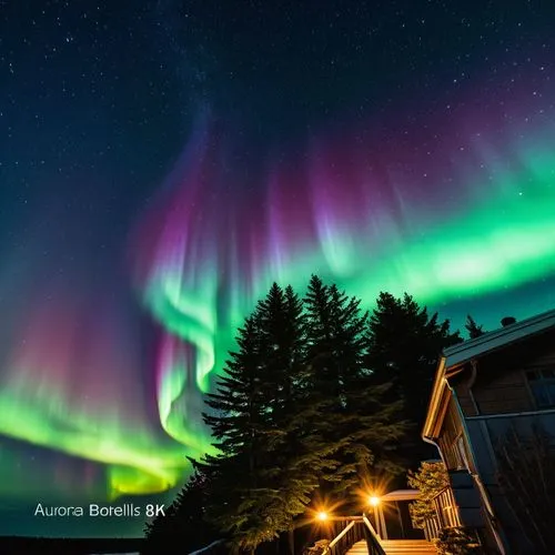 Aurora Borealis outside my front door,the aurora bore, which is above some trees and houses,auroras,aurora,aurorae,aurora borealis,aurora colors,northen lights,Photography,General,Realistic