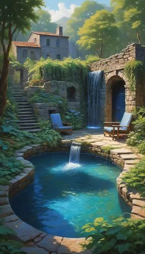 crescent spring,home landscape,mountain spring,idyll,aqua studio,idyllic,hot spring,studio ghibli,landscape background,underwater oasis,water spring,garden pond,water mill,background with stones,fountain pond,thermal spring,wishing well,mineral spring,secret garden of venus,violet evergarden,Illustration,Retro,Retro 14