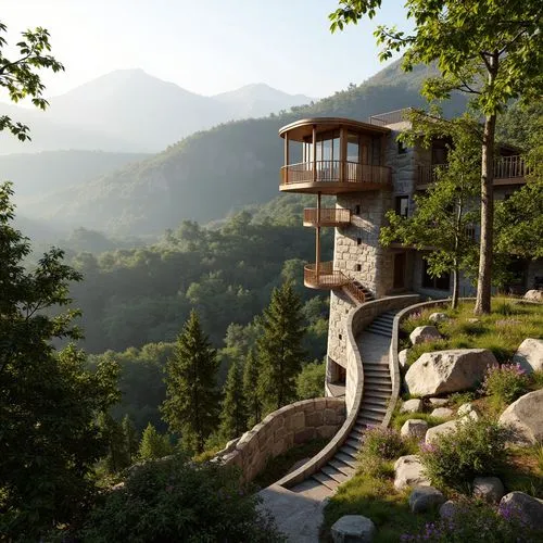 house in mountains,house in the mountains,tree house hotel,tree house,lookout tower,mountain settlement,treehouses,treehouse,cliffside,render,fallingwater,forest house,observation tower,the cabin in the mountains,mountainside,residential tower,climbing garden,cesar tower,beautiful home,3d rendering