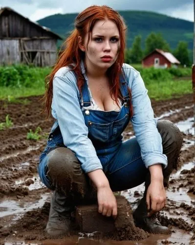 sitzt auf einer kiste. die kiste ist komplett mit schlamm beschmiert,farm girl,girl in overalls,countrygirl,countrywoman,farmer,farmhand,lipnicki,ruggedly,heidi country,irisa,mudbath,countrie,farmwork