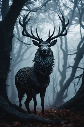 Eldritch deer, mysterious forest, twilight atmosphere, glowing eyes, twisted antlers, misty fog, eerie silence, abandoned ritual site, ancient trees with gnarled branches, vines crawling up trunks, di