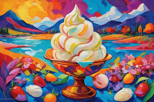 baked alaska,mandarin sundae,sundae,woman with ice-cream,neon ice cream,oil painting on canvas,painting easter egg,meringue,tutti frutti,soft serve ice creams,halo-halo,oil on canvas,pavlova,fruit ice cream,sundaes,gelato,candy cauldron,oil painting,vanilla ice cream,foot in dessert,Conceptual Art,Oil color,Oil Color 25