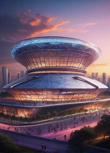 Futuristic stadium, architecture design competition, massive structure, angular lines, metallic materials, LED lights, transparent dome roof, open-air seating area, cheering crowd, day-night transitio