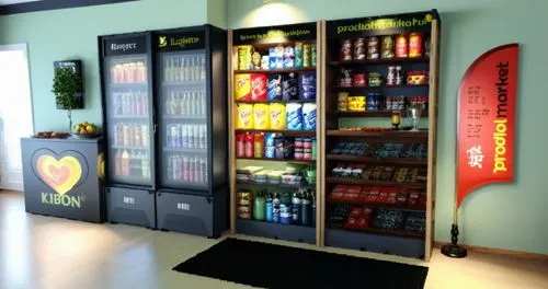 exactly respect the colors of all elements. Use spot lighting. install a porcelain floor in the room.,vending machines,vending machine,vending cart,pantry,product display,convenience store,beer dispen