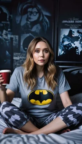 pajamas,pjs,tee,pj,comicbook,bat,girl with cereal bowl,superhero background,onesie,batman,girl in bed,tshirt,girl in t-shirt,holding cup,woman drinking coffee,woman on bed,superhero,in a shirt,cup,nightwear,Illustration,Realistic Fantasy,Realistic Fantasy 25