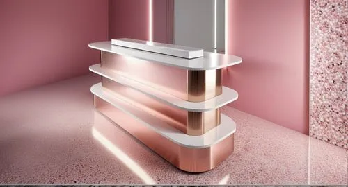 Cosmetic shelves, support plate terrazo tiles with white pink-tone grains, center column stainless steel, warm indirect lighting leaking from the center, skin lotion cosmetics display, gloss,metallic 