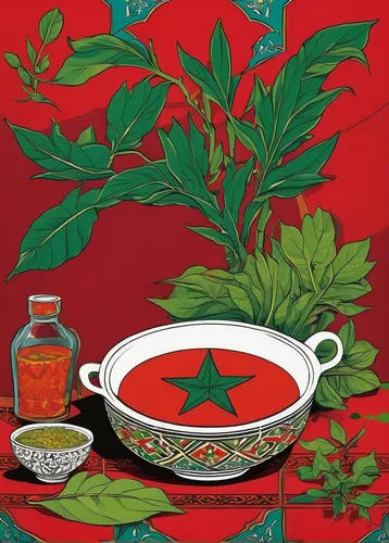 All over print, Moroccan soup, Moroccan culture, Moroccan flag, green star line, red flag, leaf's, details, happy vibrant colors.,chili oil,punjena paprika,siberian ginseng,cooking book cover,ceylon t